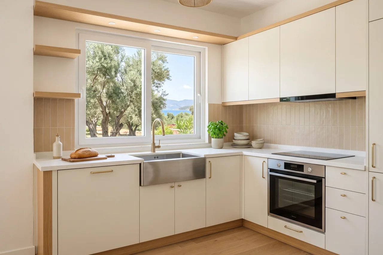 Zeytin ağaçlarına bakan pencereli yeni mutfak